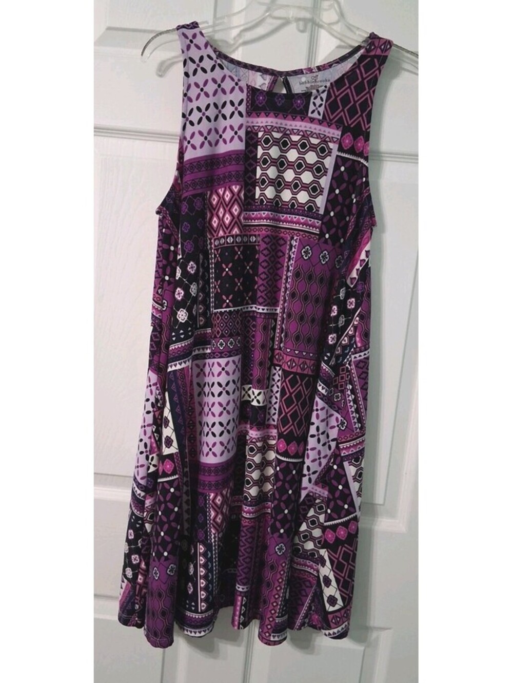 Bobbie Brooks Strapless Summer Swing Dress, Purple Patchwork, Size Large, EUC
